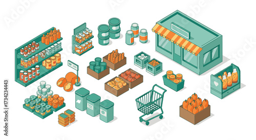 Isometric grocery store elements with shopping cart and food products