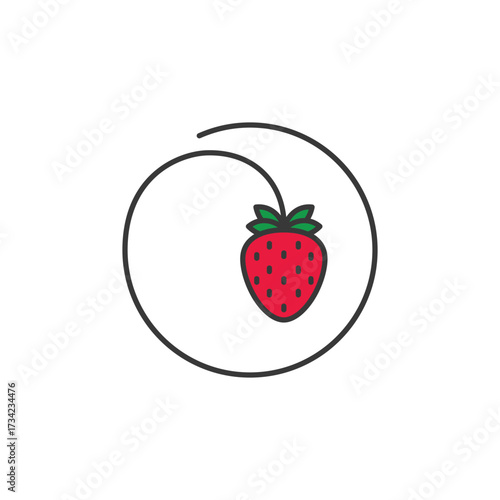 Ripe red strawberry with dotted seeds and leafy crown, framed in a sleek loop, perfect for dessert menus, garden branding, or berry product labels. Sweet, fresh, and naturally charming