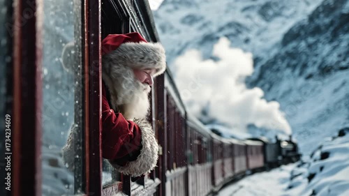 Santa Claus looks out of a train window at snowy mountains, symbolizing a magical holiday journey filled with wonder and Christmas spirit.