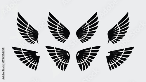 A minimalist set of six black wing silhouettes arranged in two rows against a white background. 
