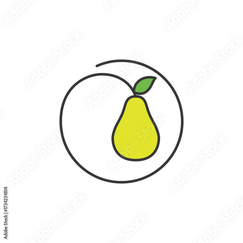 Bright yellow pear with a soft curve and leafy top, encased in a sleek loop, perfect for organic branding, seasonal harvest tags, or fresh produce visuals. Delicate, mellow, and naturally pure