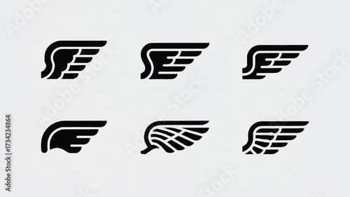 A minimalist set of six black wing silhouettes arranged in two rows against a white background.