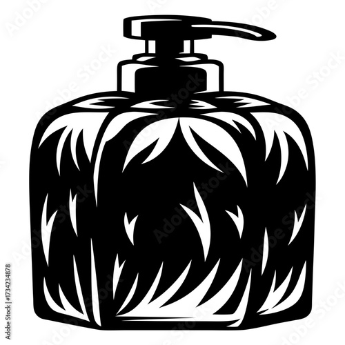 Collection of five distinct liquid soap dispensers with pump tops in monochrome artistic style