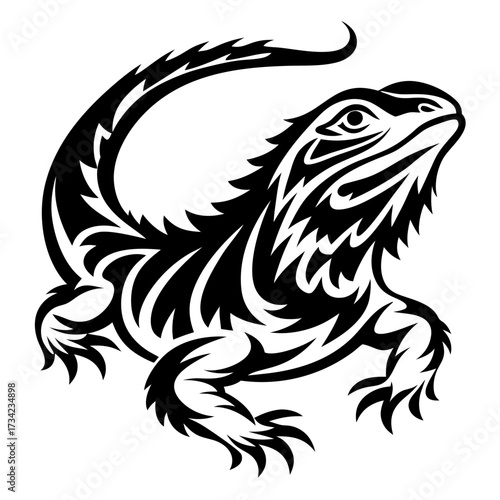 Stylized Silhouette of a Bearded Dragon with Tribal Art Elements Isolated