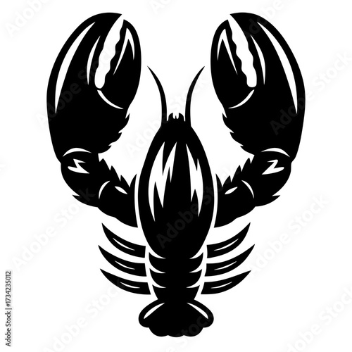 Black and white illustration of a detailed lobster with large claws