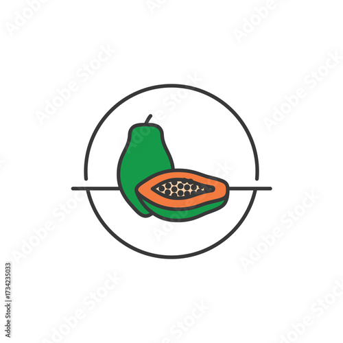 Dual papaya view—one whole, one sliced with vibrant flesh and dark seeds, framed in a clean loop. Ideal for tropical nutrition labels, exotic produce branding, or wellness visuals