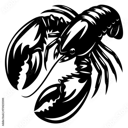 Striking black and white stylized illustration of a lobster with powerful claws