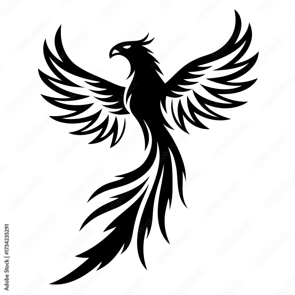 Fototapeta premium Stylized Black Phoenix Rising with Outstretched Wings and Feathery Tail