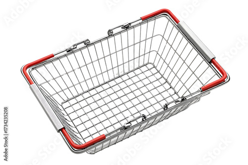 Empty Metallic Shopping Basket Isolated on Black Background Perfect for Mockups and Retail Designs High Angle View
