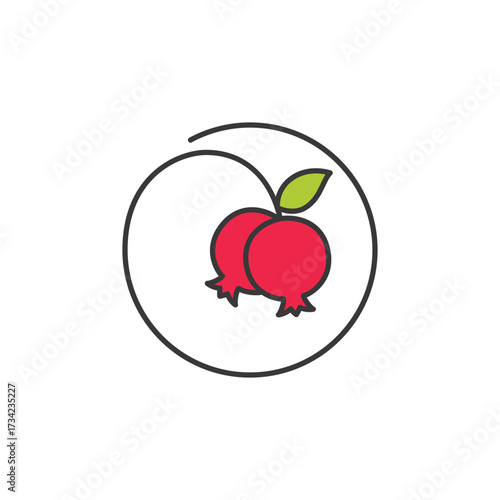 Twin red pomegranates with leafy tops, framed in a clean loop, ideal for antioxidant-rich product labels, Mediterranean food branding, or natural juice visuals. Tart, bold, and naturally vibrant