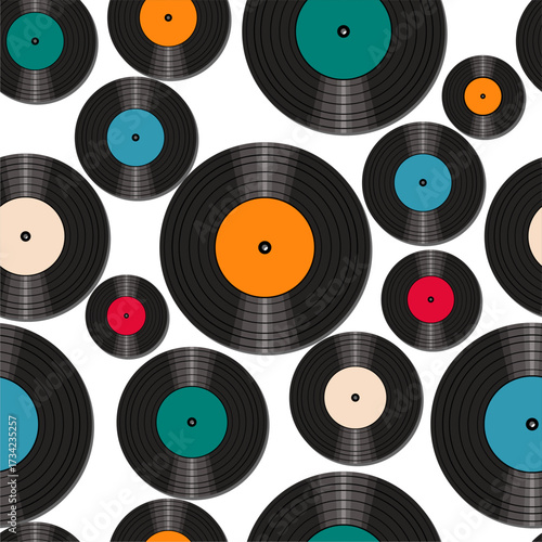 Seamless pattern print wallpaper with vinyl record discs music illustration vector retro style 60s, 70s, 80s, design art background for paper, textile, pack etc.	
