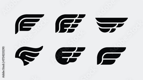 A minimalist set of six black wing silhouettes arranged in two rows against a white background.  