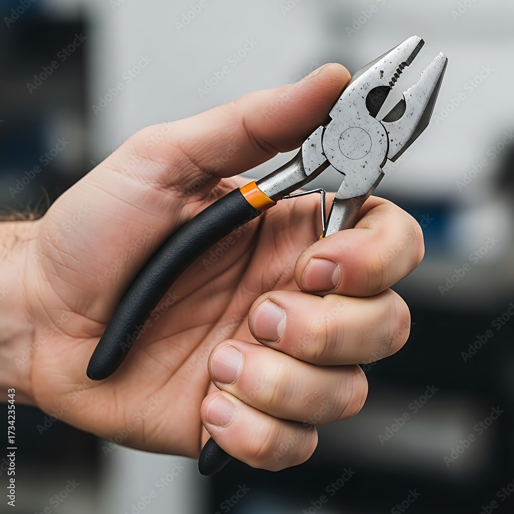 Fototapeta premium Hand holding pliers, demonstrating precision and capability, close-up tool for repair work grasping steel for fixing