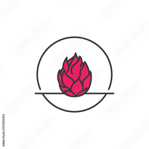 Exotic dragonfruit symbol with fiery pink skin and leafy spikes, ideal for tropical food branding, vegan packaging, or nature-inspired superfood content. Bold, fresh, and energizing