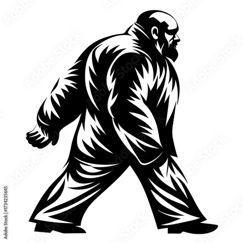 Monochrome Stylized Illustration of a Bald Bearded Man Walking Forward Confidently