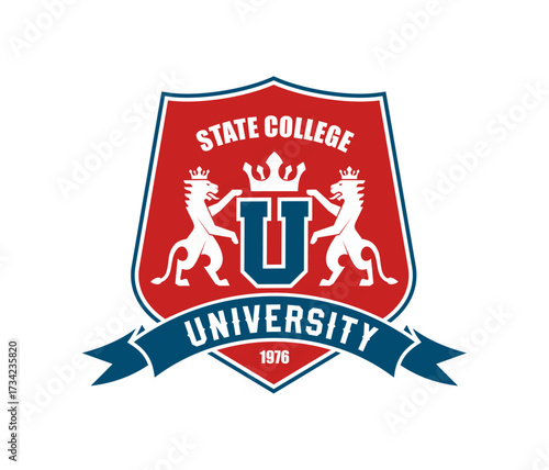 State University college heraldic icon, classic emblem, school crest with crowned lions, red shield and blue banner with an established date, symbolizing academic excellence, education and prestige