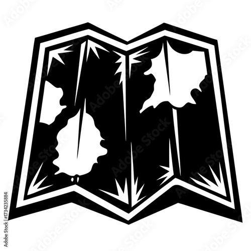 Monochrome map illustration featuring landmasses, a distinctive border, and abstract features