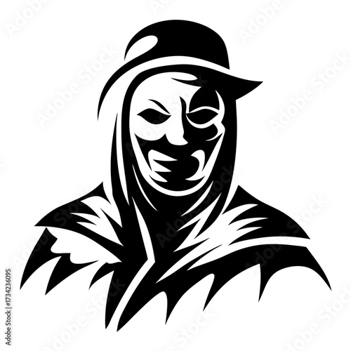 Stylized Plague Doctor Portrait with Hat and Cloak, Black and White