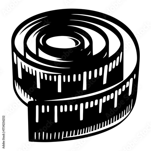 Black and white vector illustration of a coiled measuring tape with markings