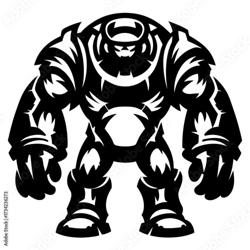 Monstrous golem creature in black and white intimidating style graphic illustration