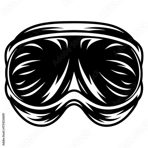 Close up black and white sketch of ski goggles and a pair of diving masks from multiple angles