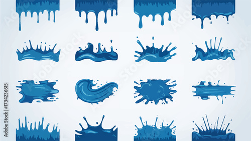 A set of 12 blue paint drip and splash effects arranged in a 3x4 grid against a white background.  