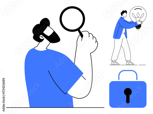 Man holding magnifying glass for inspection, another carrying lightbulb for creativity, and padlock for security. Ideal for research, innovation, security, analysis, ideas, discovery solutions
