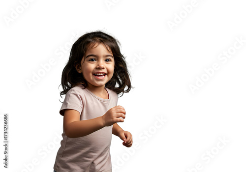 Smiling Indian girl running forward, isolated on white background, transparent PNG cutout