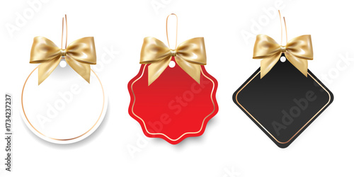 Elegant Gift Tags labels with golden bows, different shapes and colors in realistic style for packaging design, holiday marketing, product branding, retail promotions, event invitations. Vector
