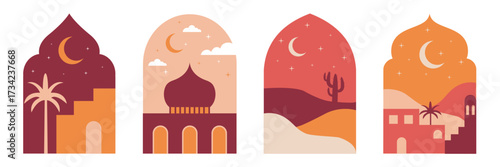 Set of Islamic windows and arches and Ramadan Kareem and Eid Mubarak in oriental style in vector