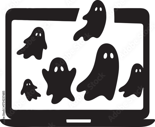 Eerie Remote Worker Vector Set: Black White Halloween Ghost on Laptop Clipart.