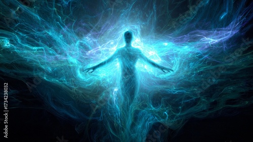 Human figure with glowing blue aura and outstretched arms, abstract emotional energy, healing and freedom concept