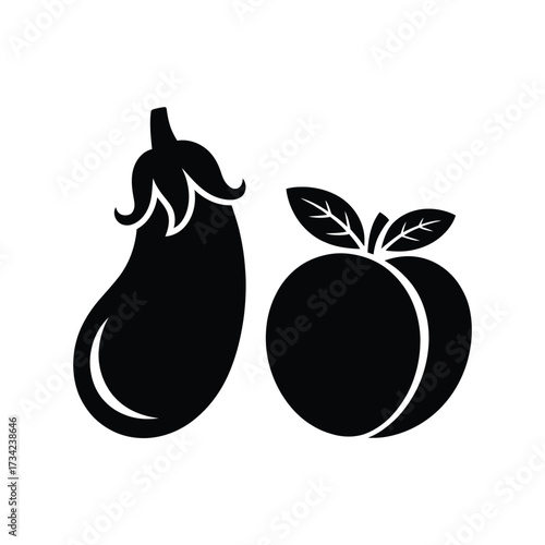 Silhouette of an eggplant and a peach on a white background