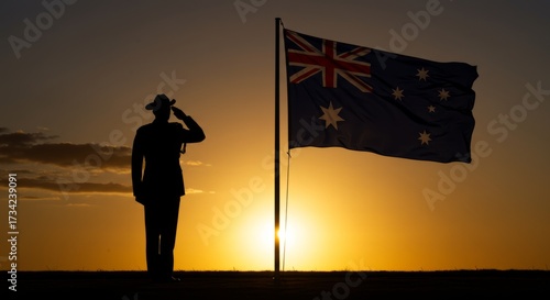 Soldier silhouette saluting at dramatic sunset,  Australia flag waving in the wind, patriotic holiday tribute, powerful symbolic scene