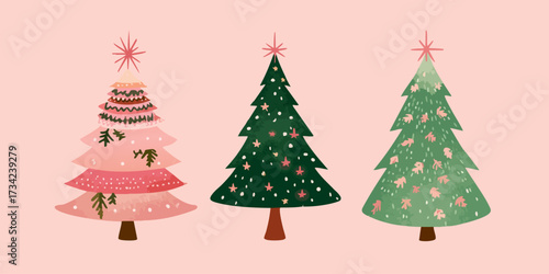 Three stylized Christmas trees with star toppers on pink