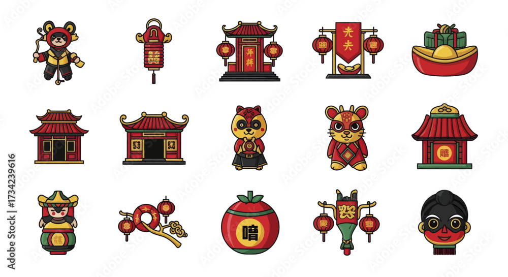 Naklejka premium Cartoon Chinese Lunar New Year Vector Icon Set with Red and Gold Festive Elements