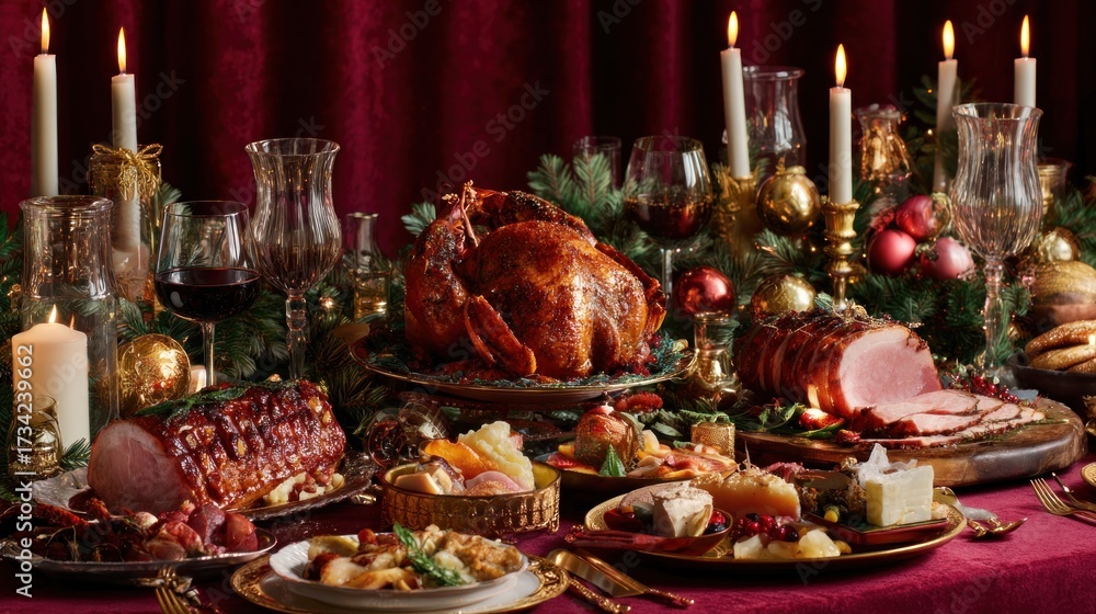 Fototapeta premium Luxury Christmas food background, elegant holiday banquet table, roasted turkey, lobster, fine wine, crystal glasses, golden cutlery, glossy glazed ham, gourmet cheese platter, rich red velvet.
