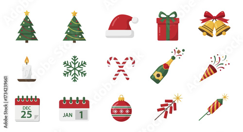 Holiday Icon Set Vector with Flat Design Christmas and New Year Celebration Symbols