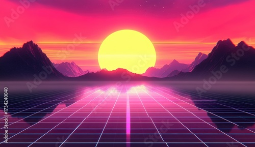 A vibrant sunset casts a pink hue over a reflective grid landscape, surrounded by mountains, evoking a retro-futuristic atmosphere.