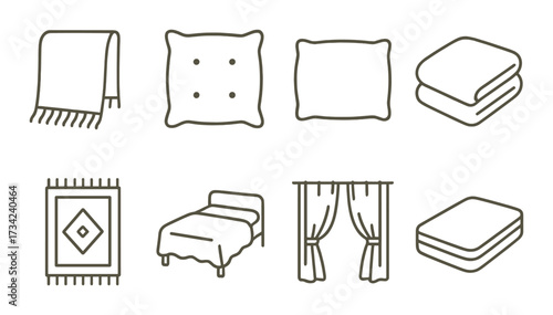 Minimalist home decor icons: blanket, pillow, bed, curtains, rug, towel, mattress