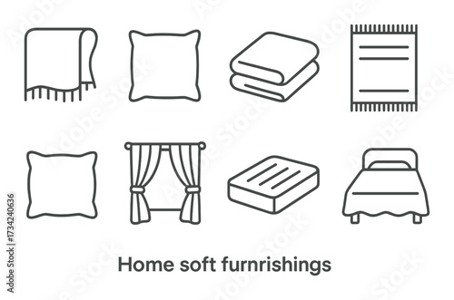 Home soft furnishings icons: blanket, pillow, towel, rug, curtains, mattress, bed