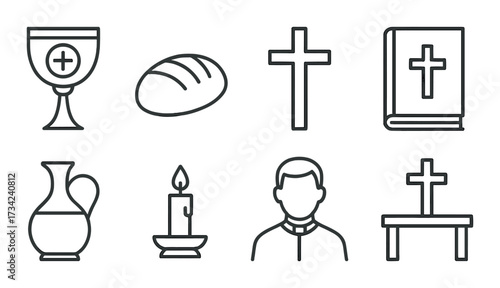 Christian symbols: chalice, bread, cross, bible, candle, priest, altar