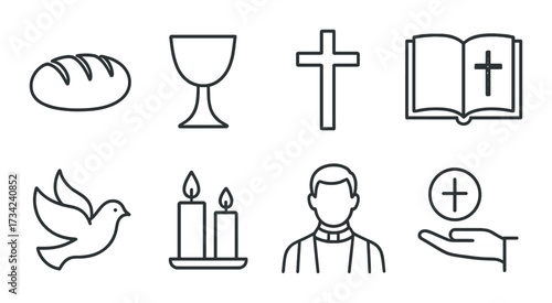 Christian symbols: bread, chalice, cross, bible, dove, candles, priest, eucharist