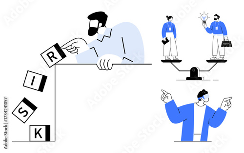 Businessman placing risk blocks near edge, two professionals balancing ideas and growth, person pointing at challenges. Ideal for decision-making, risk analysis, teamwork, management, leadership