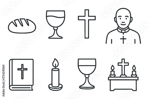 Christian symbols: bread, wine, cross, priest, bible, candle, altar