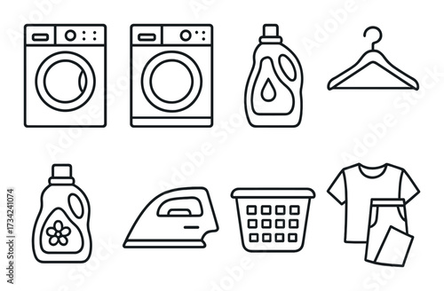 Laundry icons set with washing machine, detergent, iron, clothes, and basket