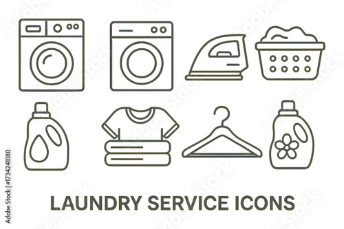 Laundry service icons: washer, dryer, iron, basket, detergent, hanger