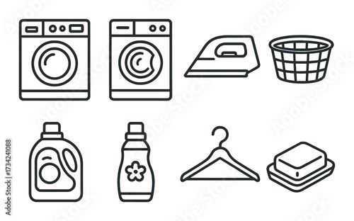 Laundry icon set: washing machine, iron, detergent, basket