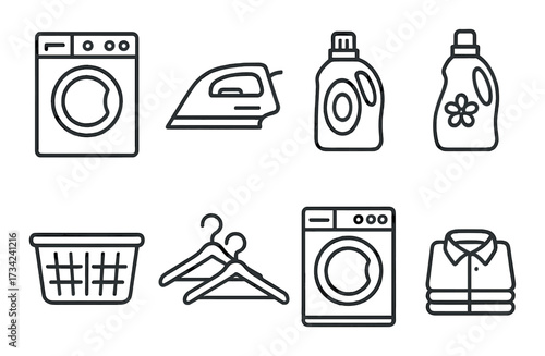 Laundry icons: washer, iron, detergent, basket, hangers, clean clothes symbols