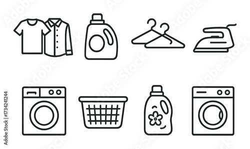 Laundry icons: clothing, detergent, hangers, iron, basket, washing machine